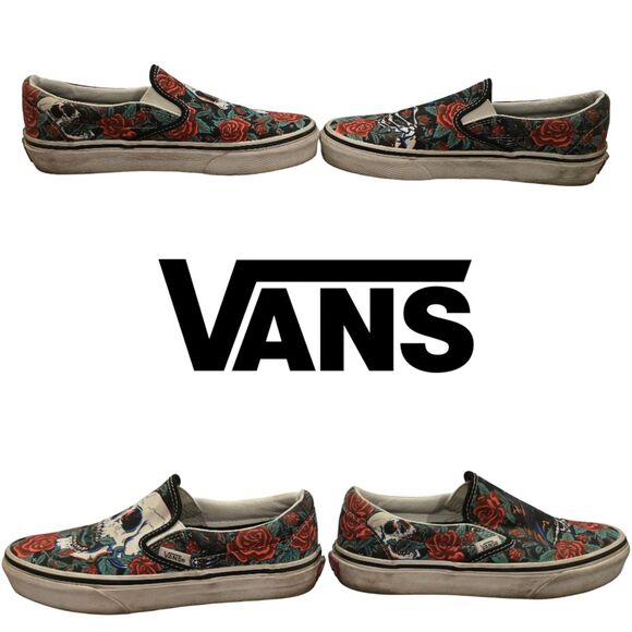 Vans Slip-0n Rose Skulls Black Red White Sneaker Size 4 Men's 5.5 Womens - Picture 4 of 6